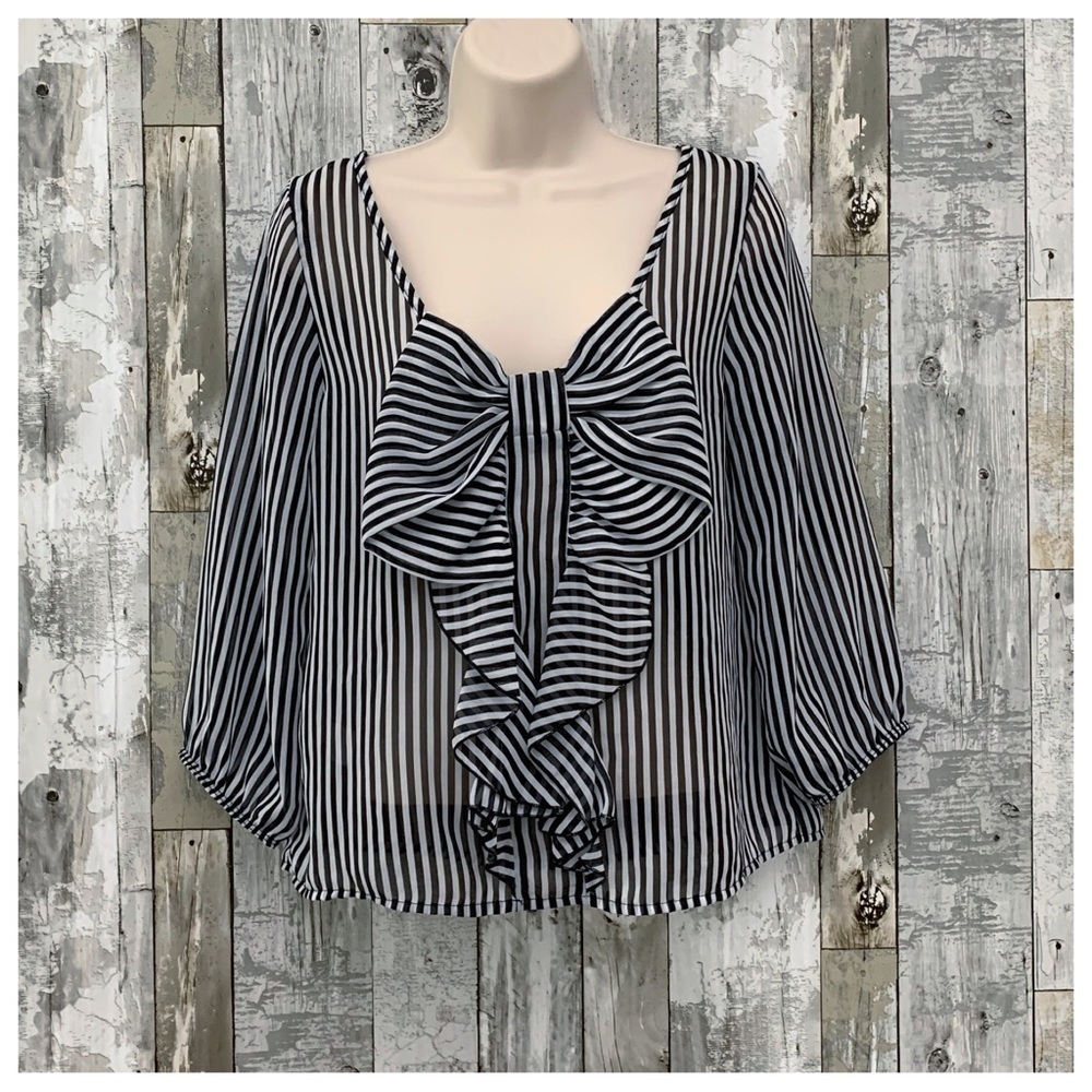 #105 Estam Large Bow Sheer Pin Stripe Reversible Blouse Shirt Top Tunic Small
